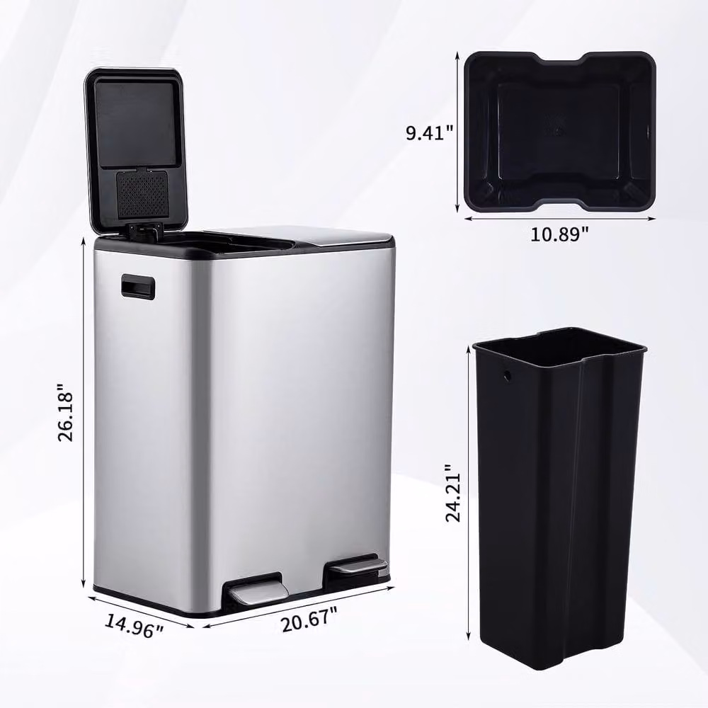 London Boutique 60L Stainless Steel Pedal Kitchen Recycling Bin with Soft-Close Lid and Removable Inner Bucket, Silver, H 66.5 x W 52.5 x D 30 cm – 2