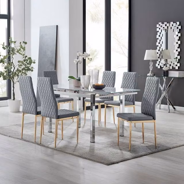 FurnitureboxUK Enna White Glass Extending Dining Table and 6 Grey Milan Chairs with Gold Legs