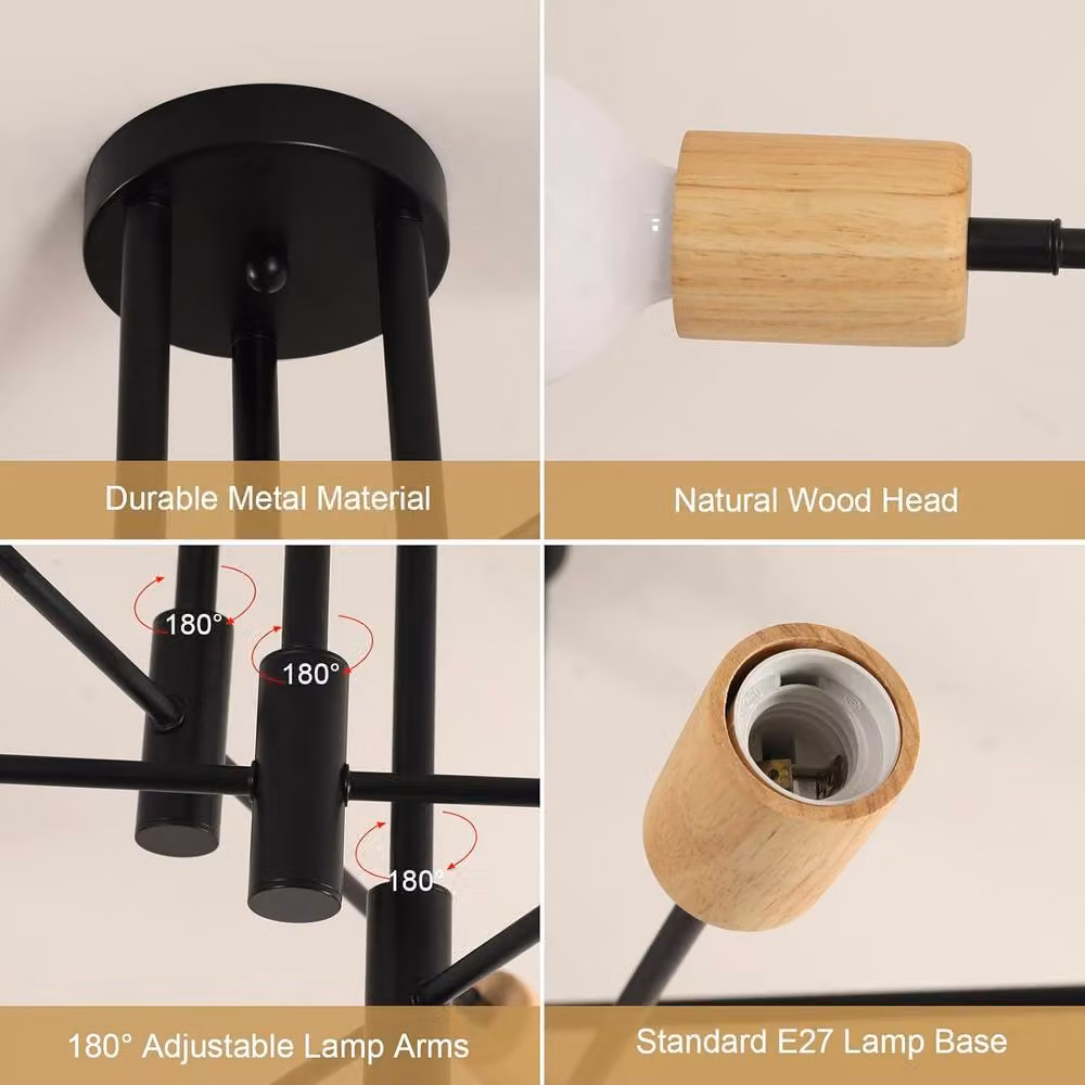 COMELY Industrial Vintage 6-Head Adjustable Ceiling Light in Black and Wood for Living Rooms – 4
