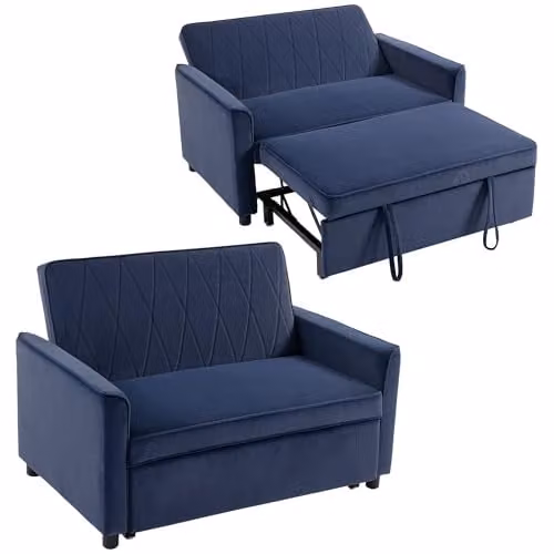 HOMCOM 2 Seater Velvet Sofa Bed in Dark Blue, 3-in-1 Click-Clack Sleeper Loveseat with Solid Wood Frame – 1