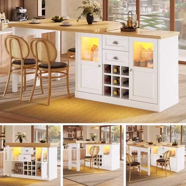 Rolipo Modern Extendable Sideboard with Integrated LED Lights and Adjustable Dining Table in White