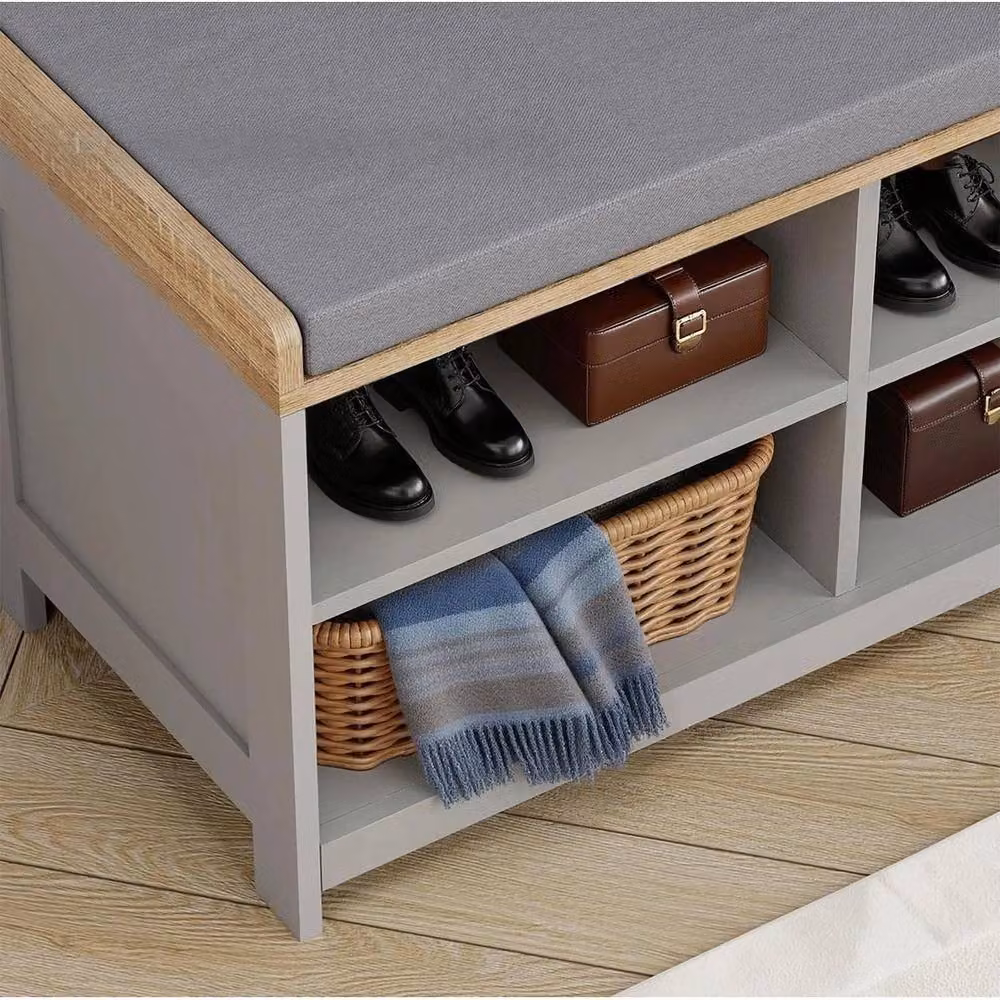 KORVIXA Grey Padded Seat Bench and 4-Shelf Shoe Rack for Hallways, W: 100 cm, D: 45 cm, H: 150 cm – 3