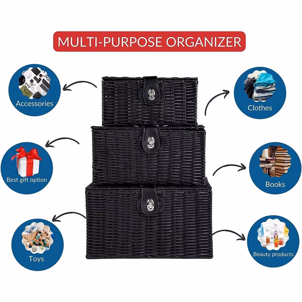 MANTRARAJ Set of 3 Black Resin Wicker Woven Storage Baskets with Lids and Locks – 5