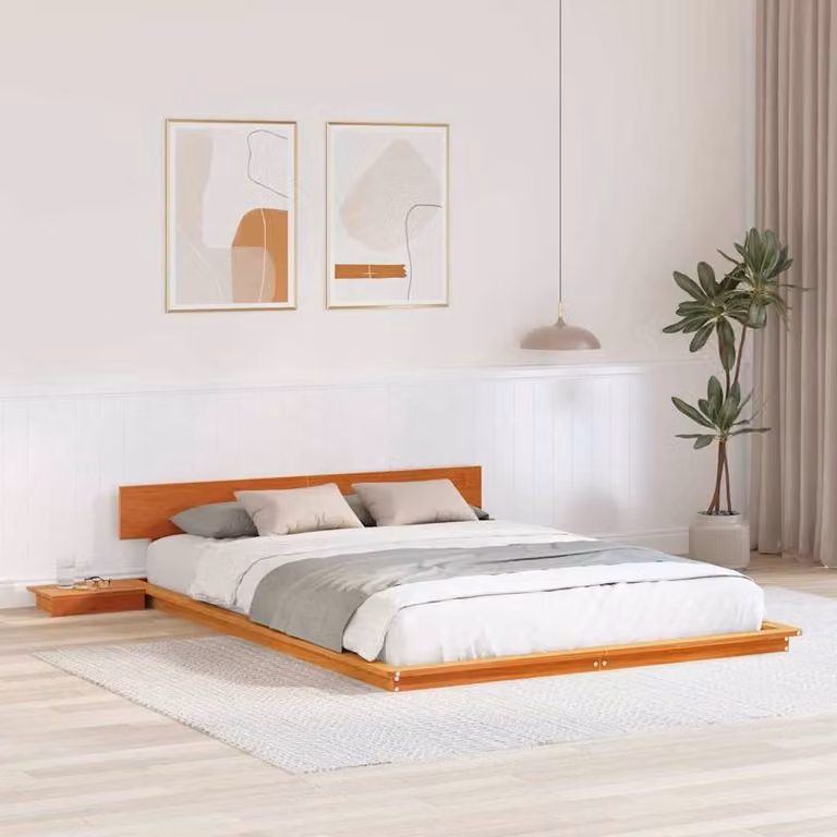 Berkfield Home Wax Brown Solid Pine Floor Bed Frame with Bedside Shelves, W/D/H: 150 x 200 cm