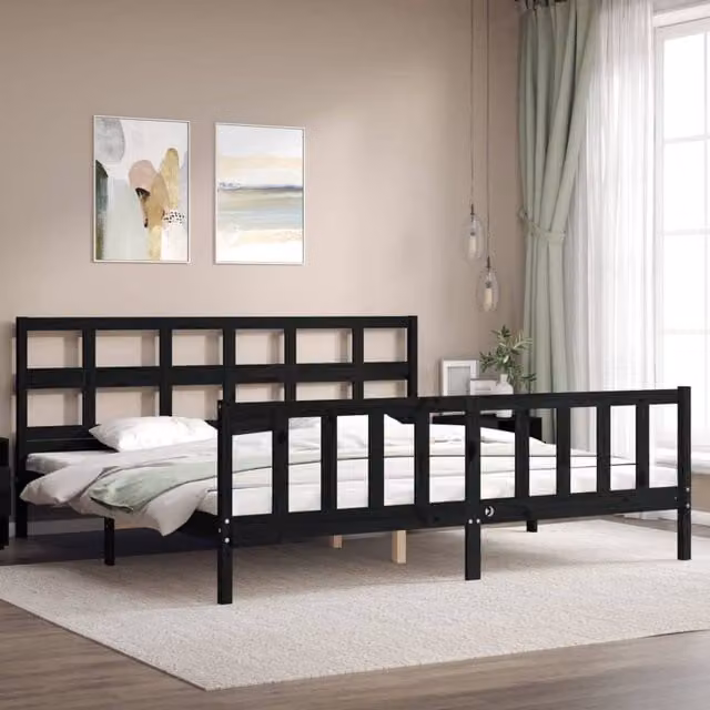 Berkfield Home Beautiful Bed Frame with Headboard in Black Solid Pine Wood W/D/H: 200 x 200 x 205.5 cm – 1
