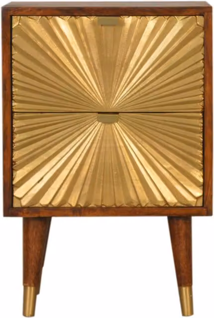 KDMK Manila Gold Brass 2 Drawer Mango Wood Bedside Table - Yellow