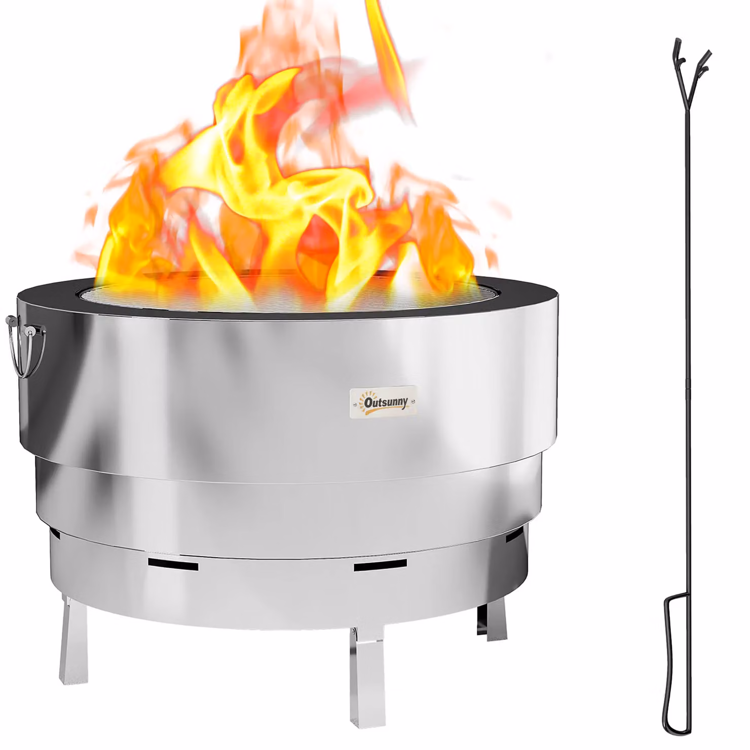 OUTSUNNY Round Stainless Steel Fire Pit with Grill Net in Silver, W/D/H: 63.5 x 44.5 x 44.5 cm – 2