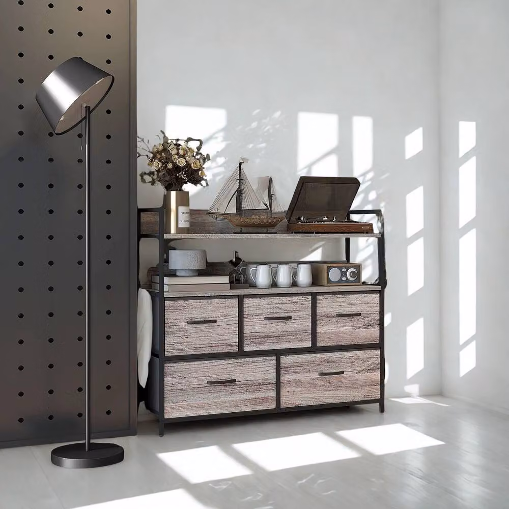 FURNOS Industrial 5 Drawer Chest Storage Unit with Shelves in Grey and Black Metal – 3