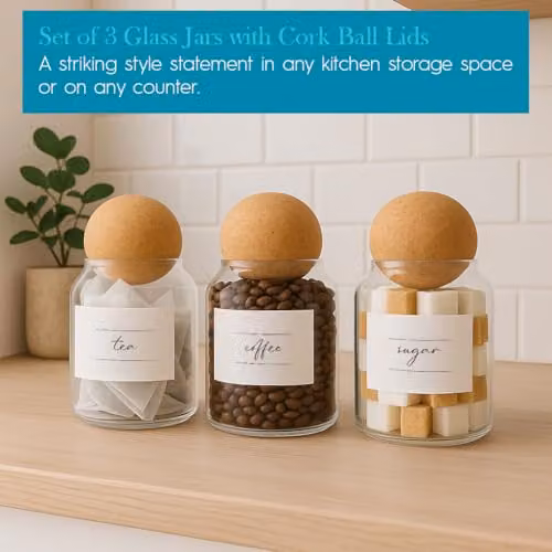 Argon Tableware Glass Tea Coffee Sugar Jars Set of 3 in Transparent with Cork Ball Lids – 2