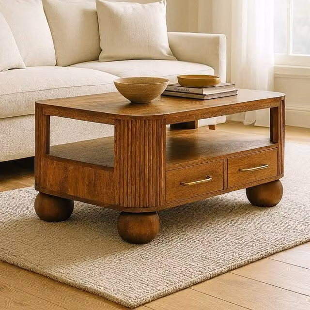 Artisan Furniture Modern Rectangular Mango Wood Fluted Coffee Table in Brown