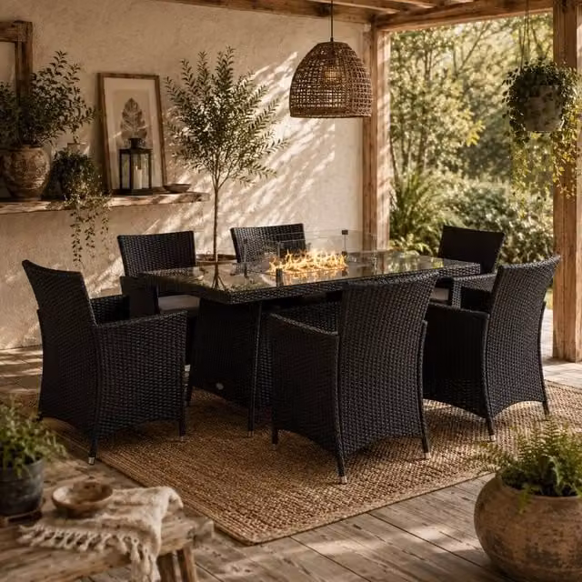 Wyld Haus Lemadi 6-Seater Rattan Outdoor Dining Set with Black Fire Pit Table