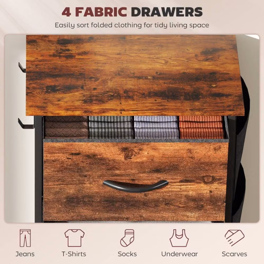 STILVORA Chest of 4 Fabric Drawers with Pockets in Rustic Brown – 4