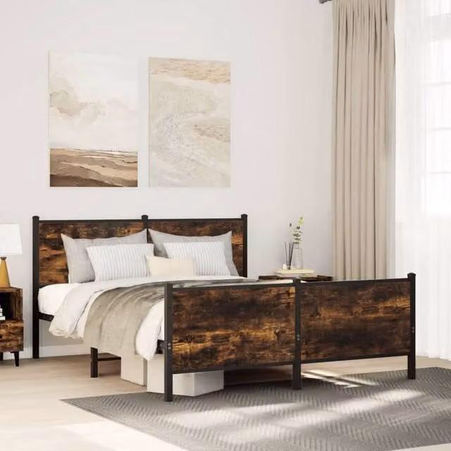 Berkfield Home Metal Bed Frame in Smoked Oak Brown, W/D/H: 150 x 200 cm, King Size – 1