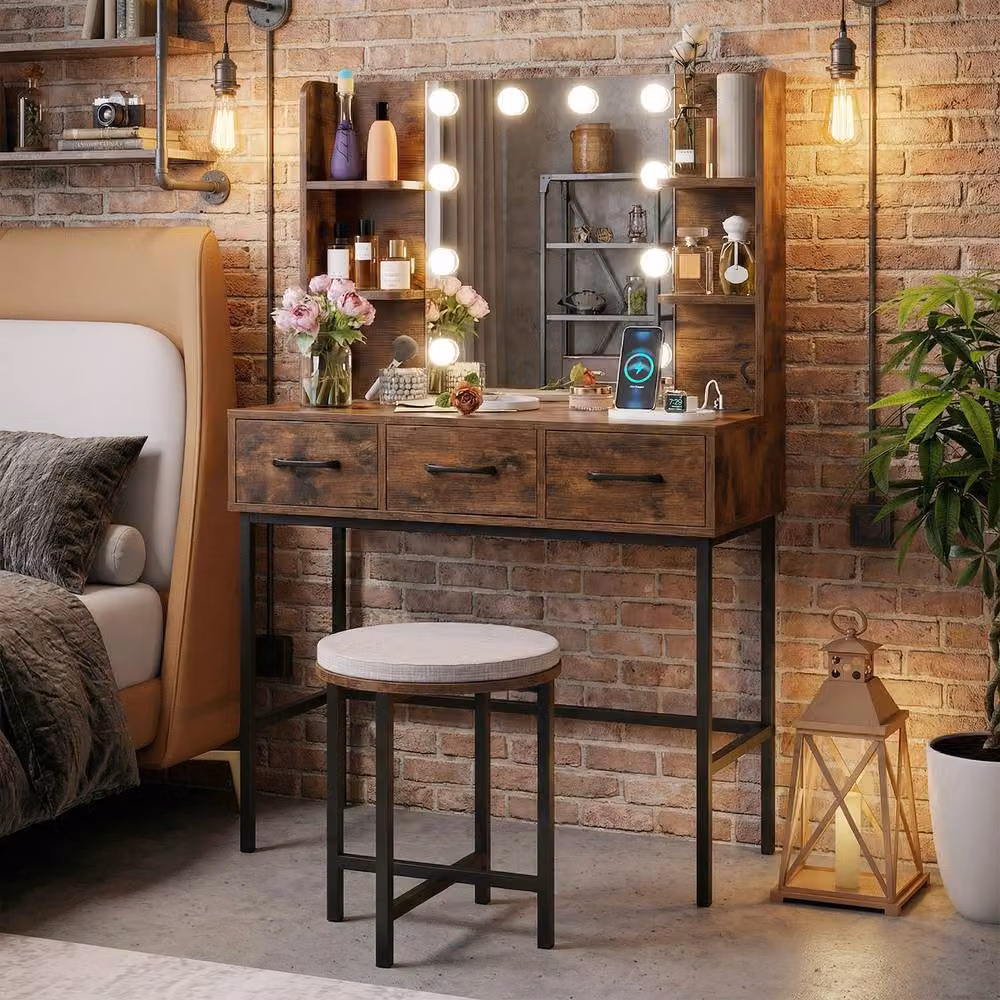 Costway Brown Industrial Vanity Desk Set with Hollywood LED Mirror, Stool, and Power Outlets – 3
