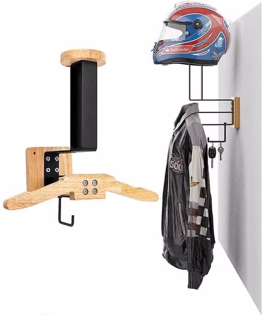 VOGREX Black Wooden and Stainless Steel Wall Mounted Motorcycle Helmet Storage Rack