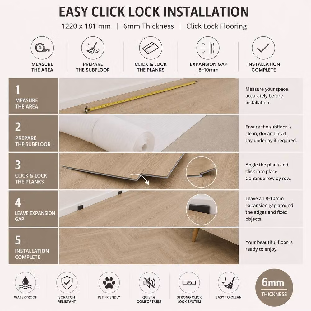 ENER-J SPC Herringbone Vinyl Flooring, Ivory Birch, 1.72 m2, Pack of 20 – 3
