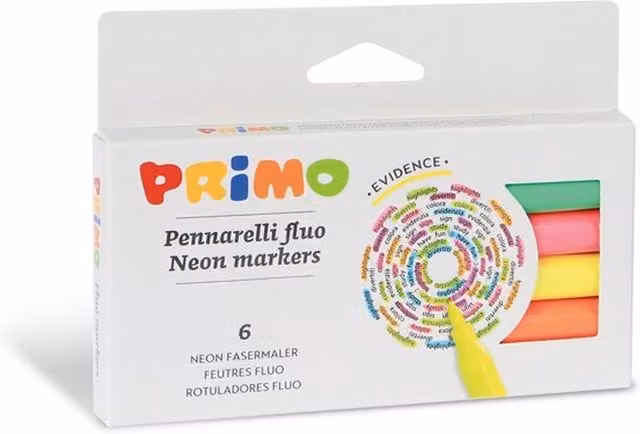 Primo 6 Pack Multicolour Fluo Fibre-Tip Highlighter Pens