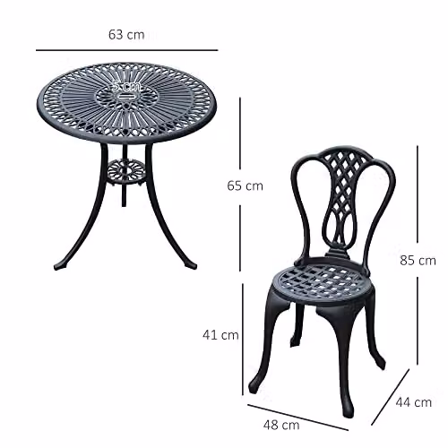 Outsunny 3 Piece Shabby Chic Cast Aluminium Bistro Set in Matt Black with Floral Design – 6
