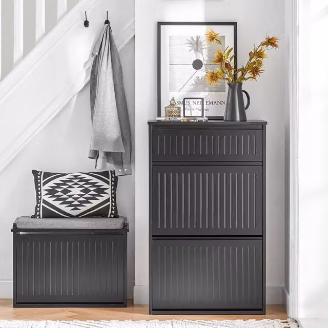 SoBuy Slim Modern Shoe Cabinet in Matt Black with Tilting Compartments