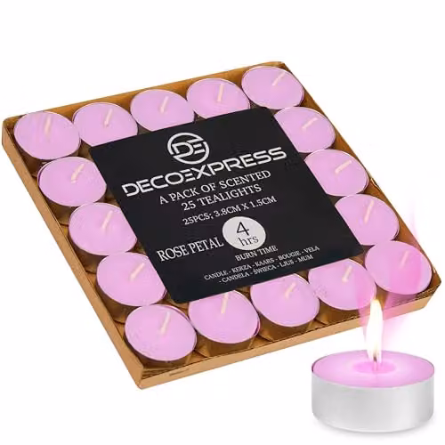 Deco Express Rose Petals Scented Tealight Candles, Pink, 25 Pack