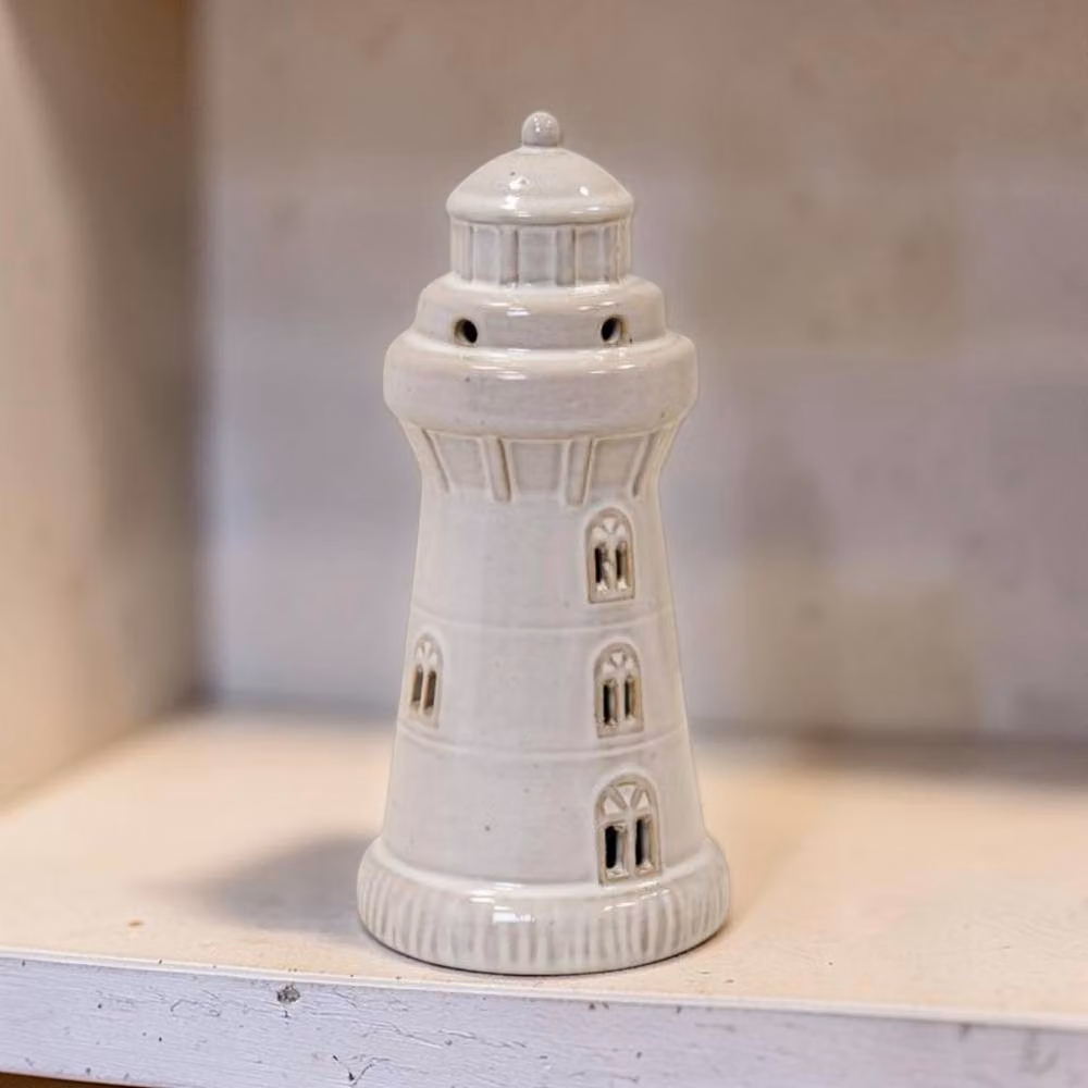 Four Candle White Glazed Ceramic Lighthouse LED Ornament with Textured Detail – 2
