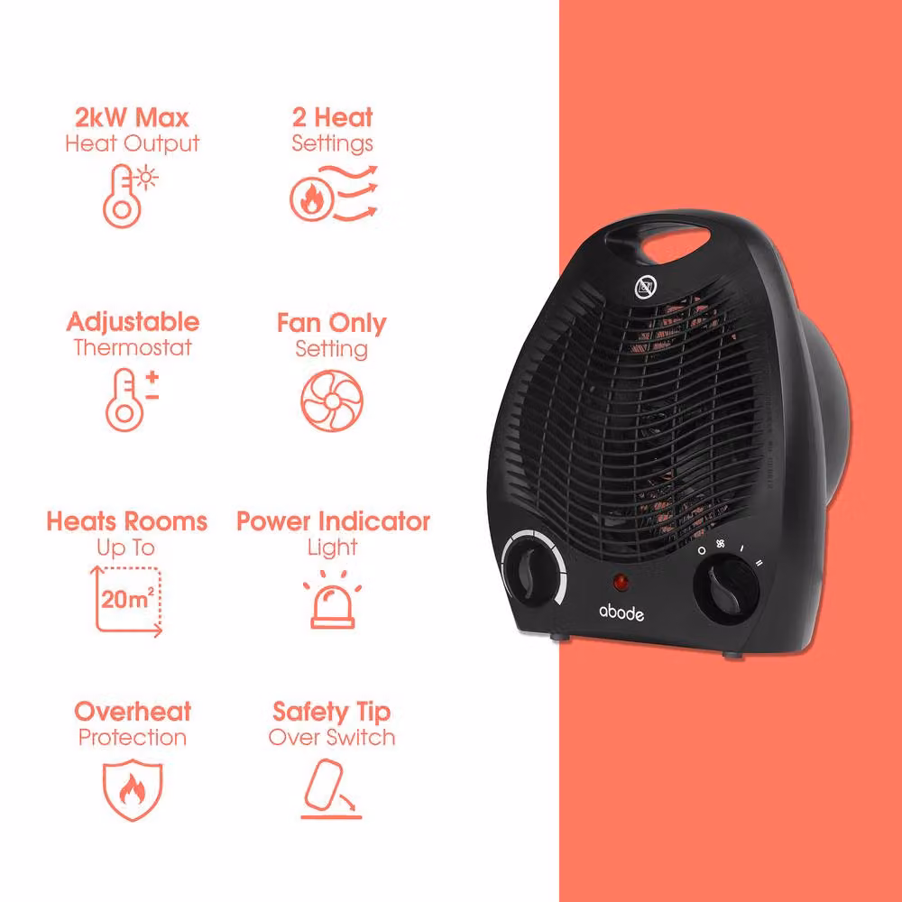 Abode 2000W Electric Fan Heater with Two Heat Settings and Thermostat in Black – 10