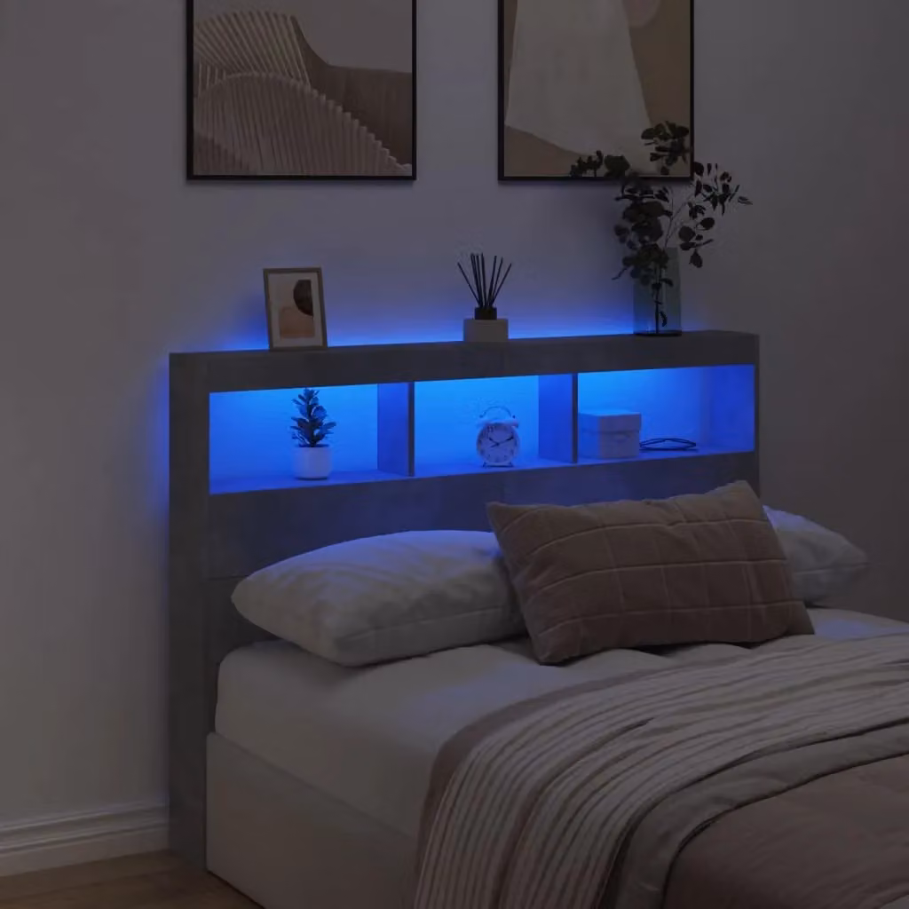 Berkfield Home Modern Wall-Mounted Headboard Cabinet with LED Lighting and USB Charging Port in Matt Concrete Grey, W: 140 cm, D: 17 cm, H: 102 cm – 2