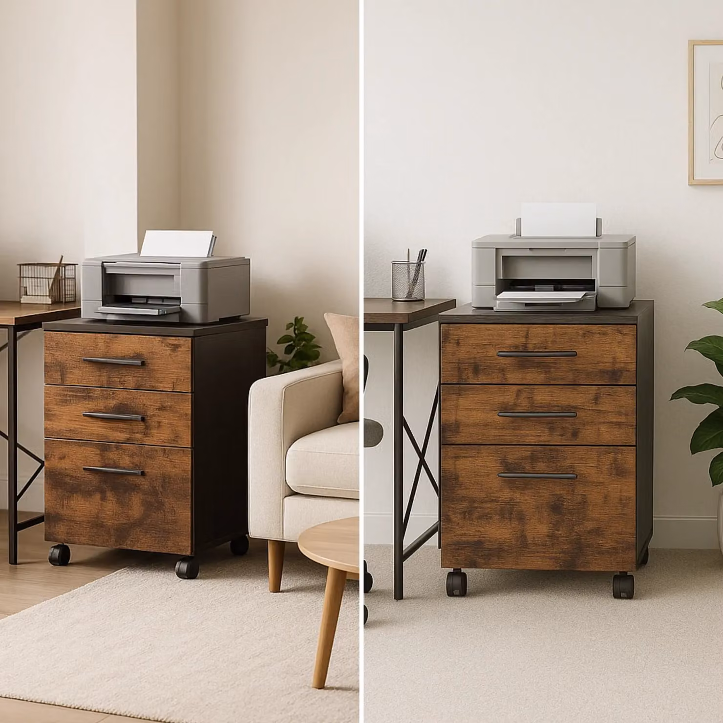 Rafaelo Mobilia 3 Drawer Filing Cabinet with Lock and Castors, Brown, W: 40 cm, D: 40 cm, H: 57.5 cm – 4