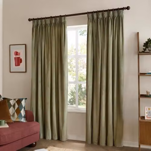 Furn Ultimate Velvet Blackout Pencil Pleat Curtain Pair in Green, W: 168 cm, H: 137 cm