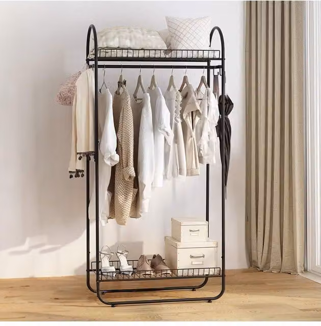 H&O Direct Matt Black Metal Dual Hook and Rail Clothes Rack