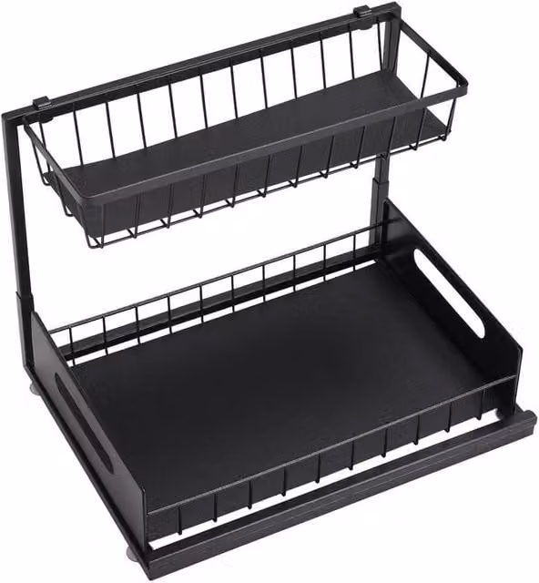 KORVIXA 2 Tier Metal Kitchen and Bathroom Storage Shelf in Black, W/D/H: 100 x 100 x 26.5 cm