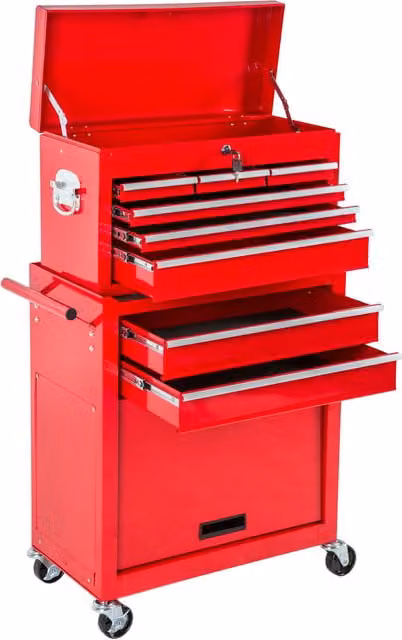TECTAKE Rollable Metal Tool Chest with 8 Drawers in Red