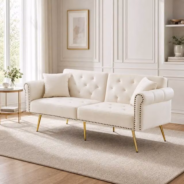 STILVORA 2-Seater Velvet Fabric Sofa Bed with Adjustable Headrest and Scatter Cushions in Beige
