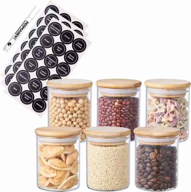 Eden & Willow Set of 6 Airtight Round Glass Spice Jars with Bamboo Lids and Labels, Transparent, 200 ml each