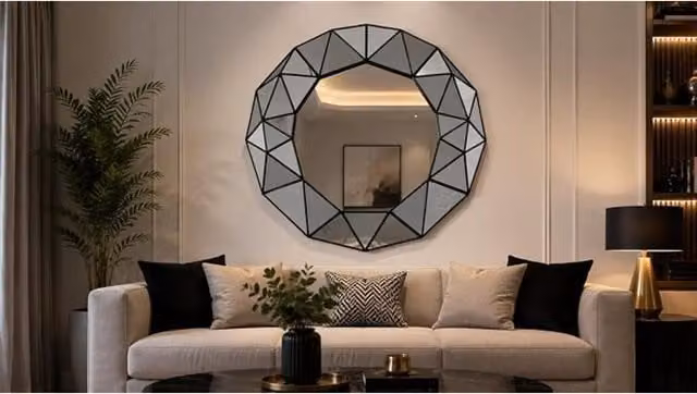 DEENZ Art Deco Geometric 3D Prism Gold Wall Mirror, W: 60 cm, H: 59 cm