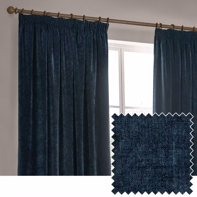 Riva Home Blue Chenille Velvet Pencil Pleat Curtains, W/H: 117 x 183 cm