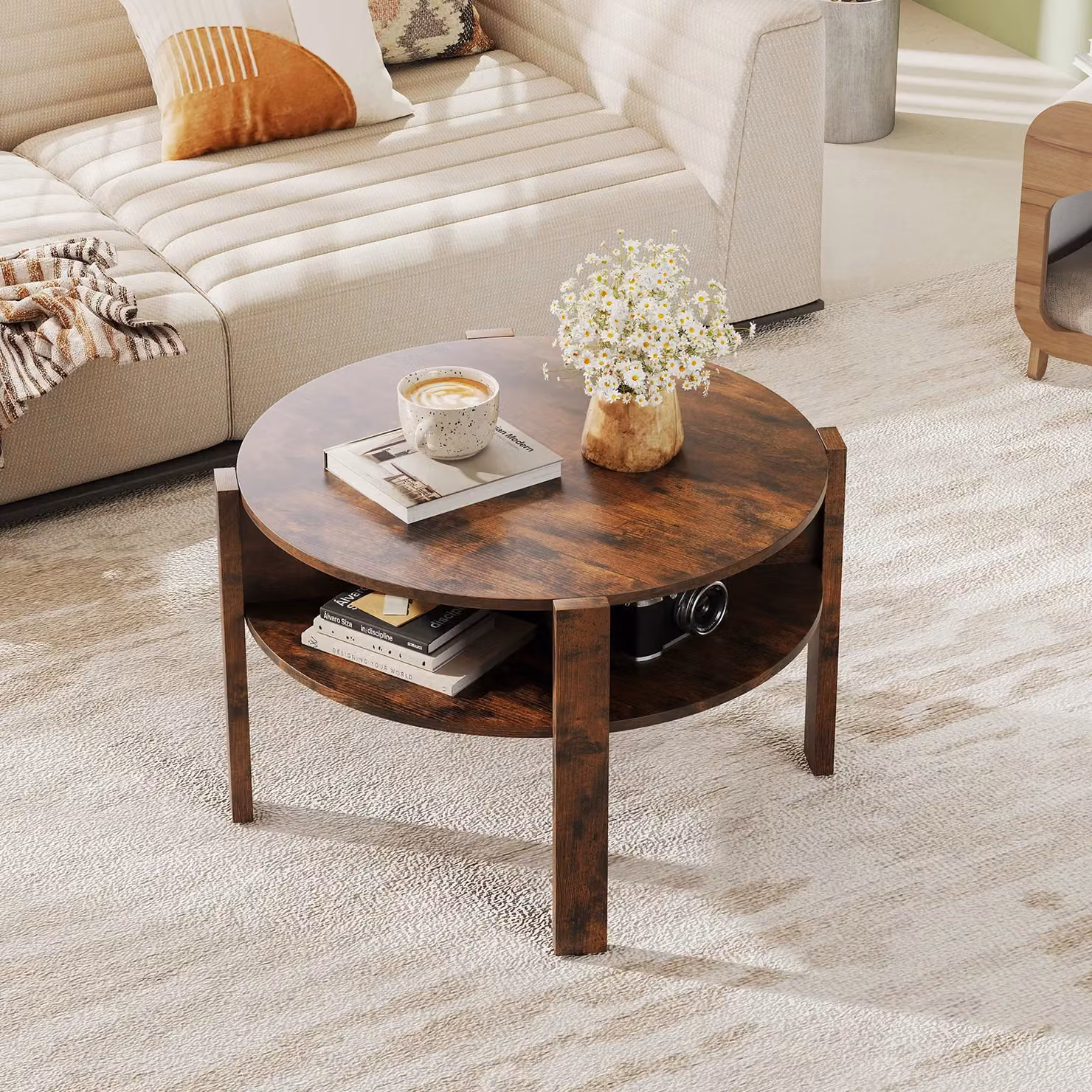Gymax 2-Tier Round Wood Coffee Table with Storage in Brown – 3