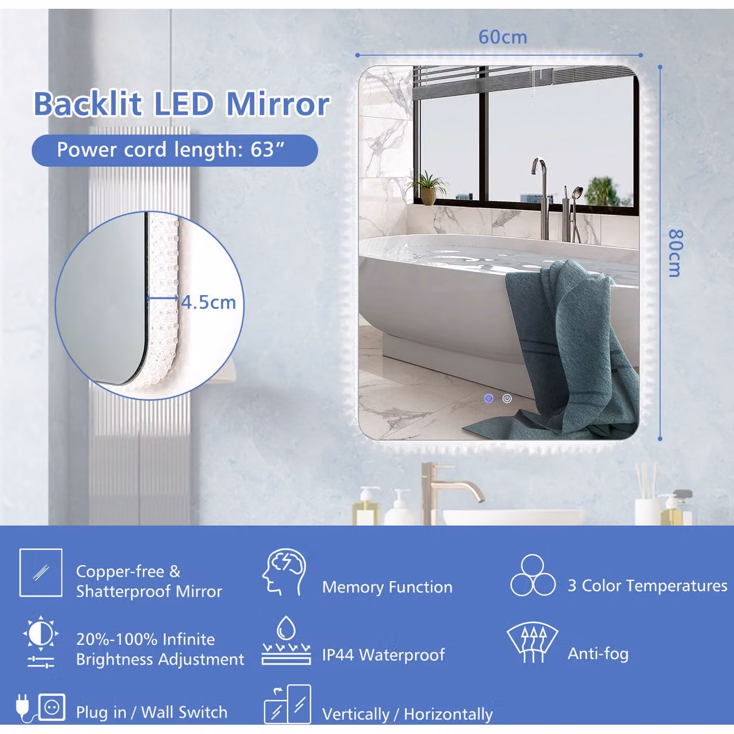 Costway Shatterproof Wall Mounted Mirror, Silver, W: 80 cm, H: 60 cm