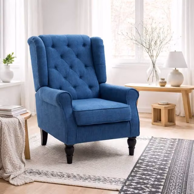 Wyld Haus Blue Wingback Accent Chair with Button Tufting and Snow Flannel Upholstery