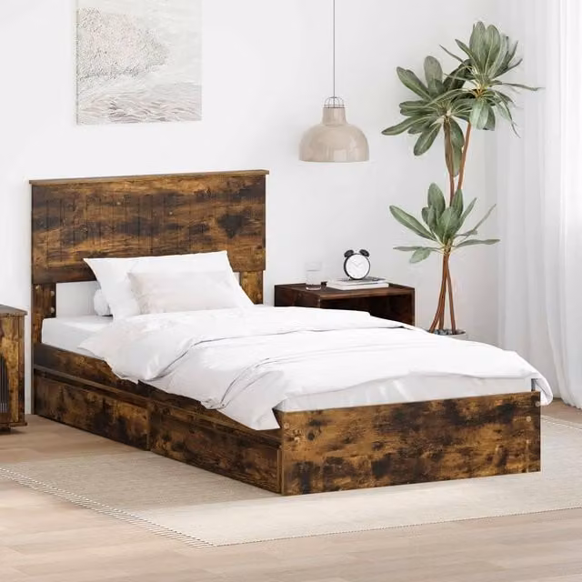 Berkfield Home Storage Bed with Drawer in Smoked Oak Brown, W/D/H: 100 x 200 cm