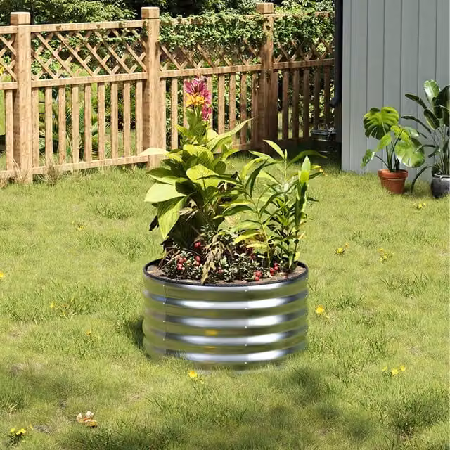 Livingandhome Cylindrical Galvanised Steel Raised Garden Bed in Silver