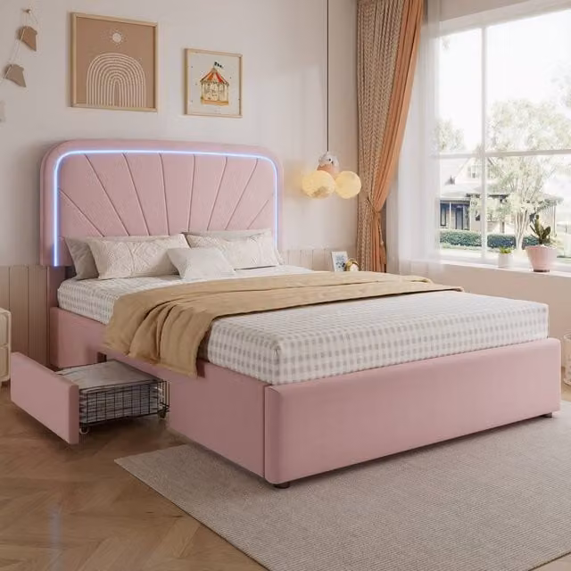 Matteo Pink Velvet Upholstered Kids Storage Bed with Drawers and Under-bed Lighting, W/D/H: 140 x 190 cm – 1