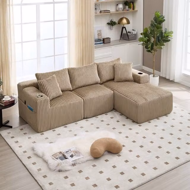 Direct Wicker L-Shaped Modular Sectional Sofa in Beige, 3 Seater Upholstered Cloud Couch with Scatter Cushions and Cup Holders