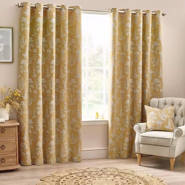 Wylder Nature Sophia Floral Jacquard Ready Made Eyelet Curtains in Gold and Green