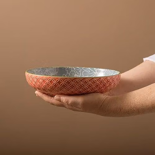 Mikasa Geometric Leaf Glazed Stoneware Pasta Bowl, Green and Multicolour, 21 cm – 2