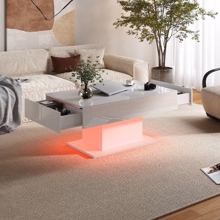 KEEPREAPER Rectangular LED Coffee Table with 2 Drawers in White High Gloss Wood