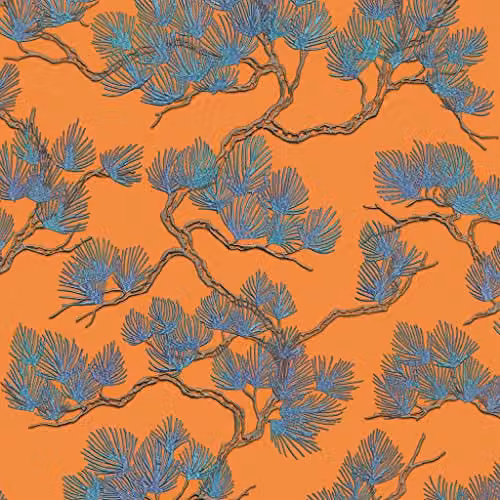 Design ID WF121016 Fabric Wallpaper with Orange and Blue Pine Tree Botanical Pattern