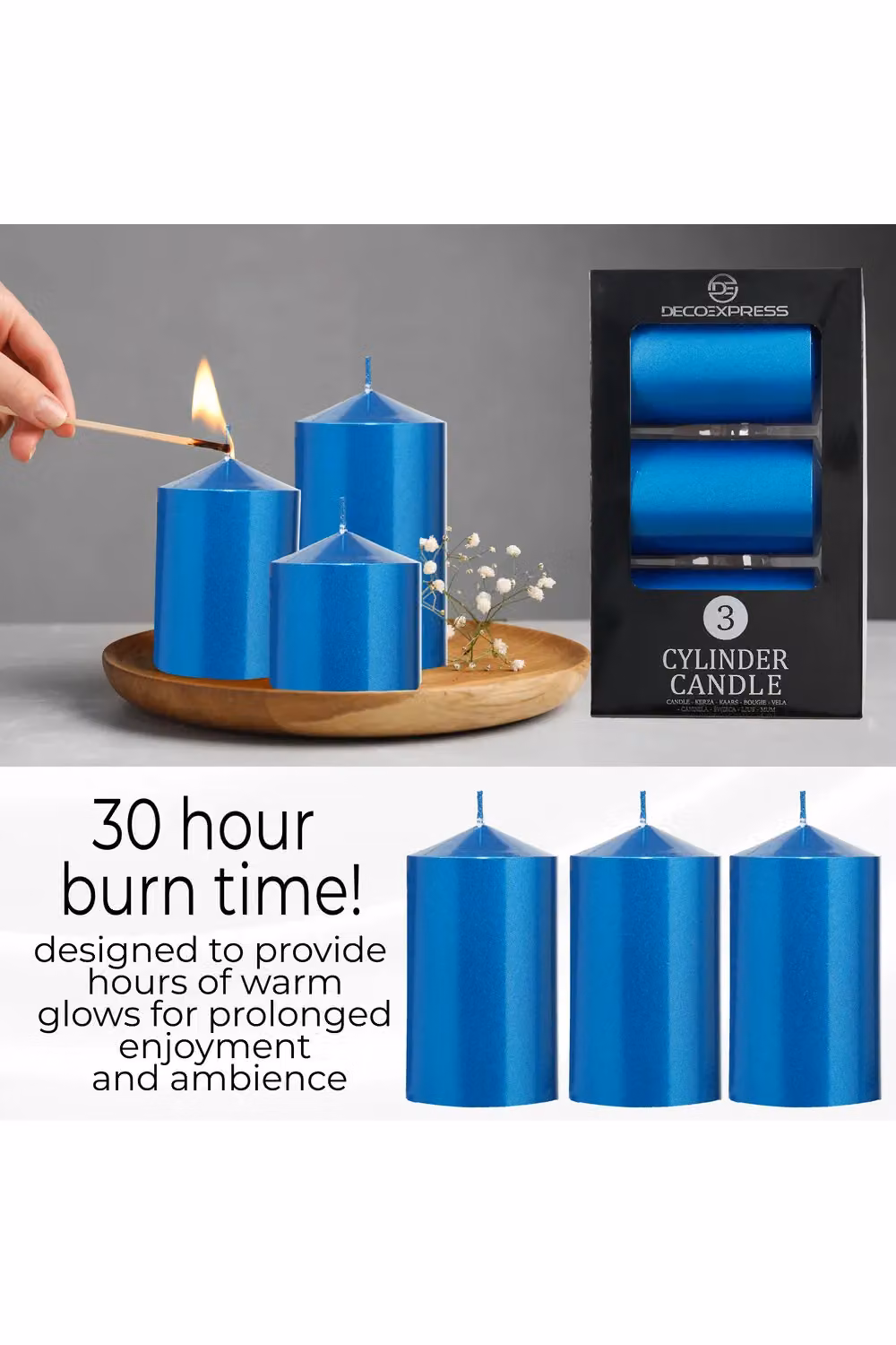 Deco Express Unscented Pillar Candle Set, Pack of 3, Metallic Blue – 9