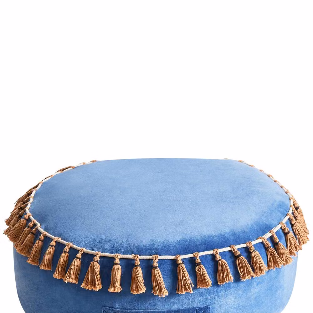 Wyld and Coco Blue Velvet Round Tasselled Pouffe Ottoman – 4