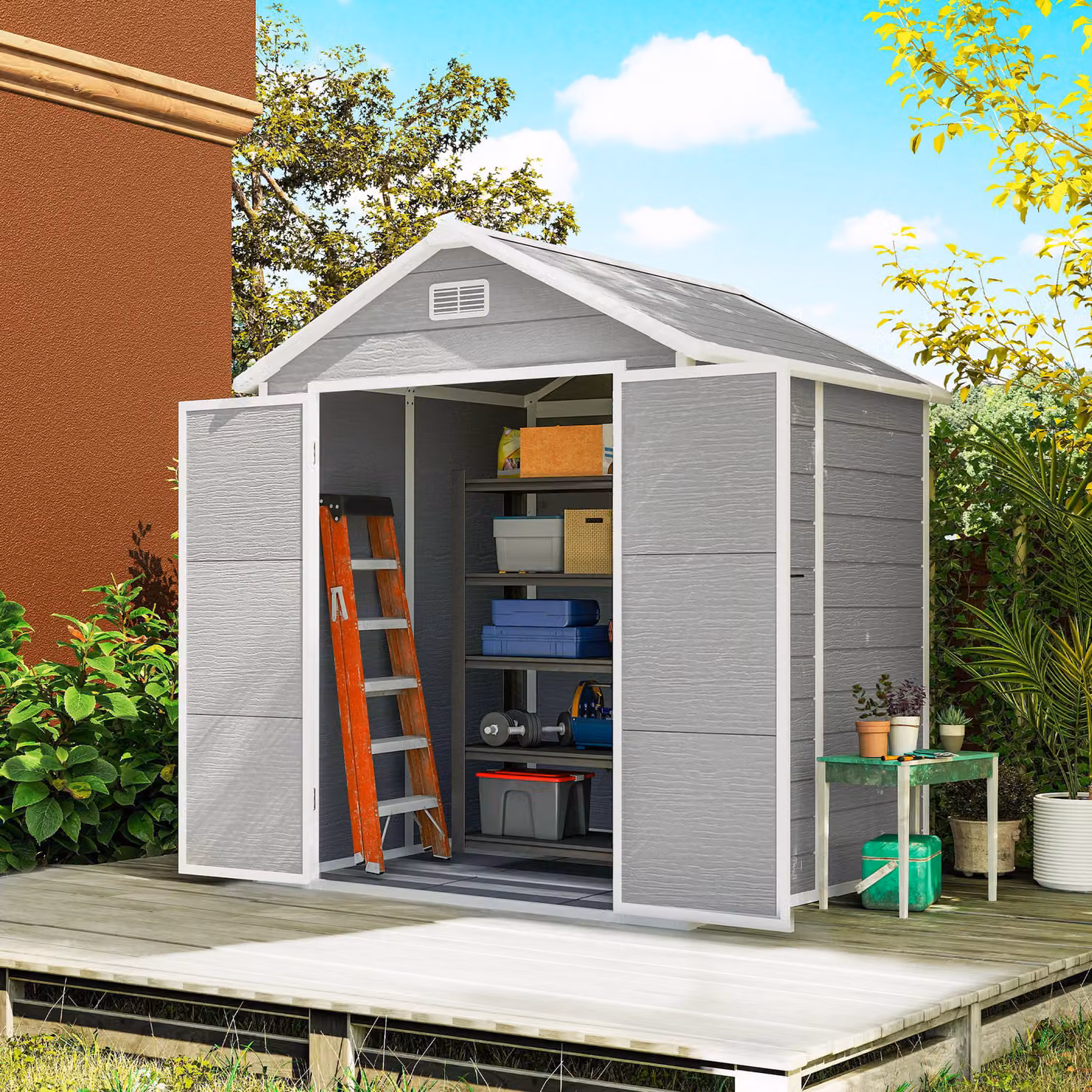Outsunny Resin Garden Storage Shed with Floor, Window and Lockable Double Doors, Dark Grey – 2